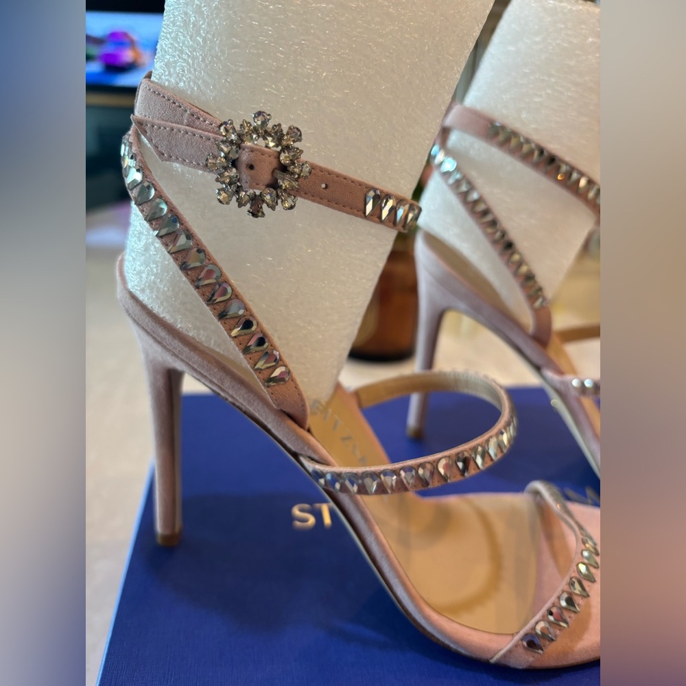 Stuart Weitzman Gemcut 100 Strappy Crystal Sandal in Ballet Pink - Picture 7 of 11